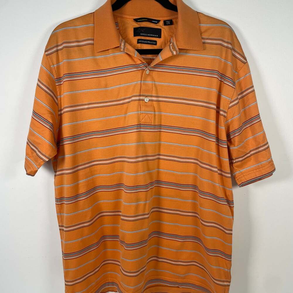 Greg Norman Double Mercerized Striped 100% Cotton Golf Polo Shirt Orange- Sz L